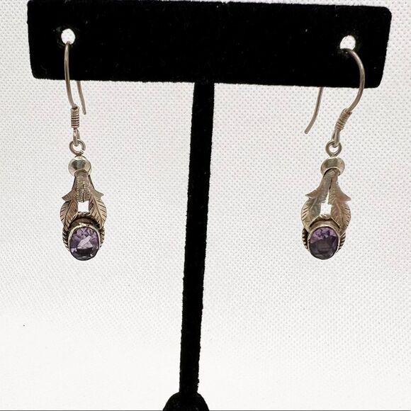 Sterling Silver 925 Purple Gem Dangle Drop Earrings - Picture 1 of 5